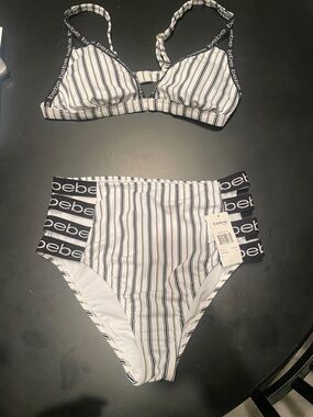 bebe White & Black Striped High-Waist Bikini Set